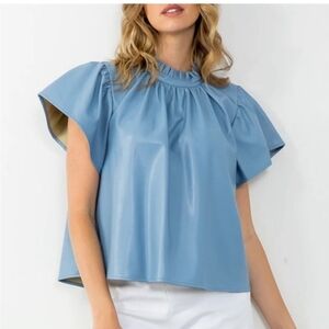 THML Reagan Top In Vegan Leather Slate Blue NWT - Size M
